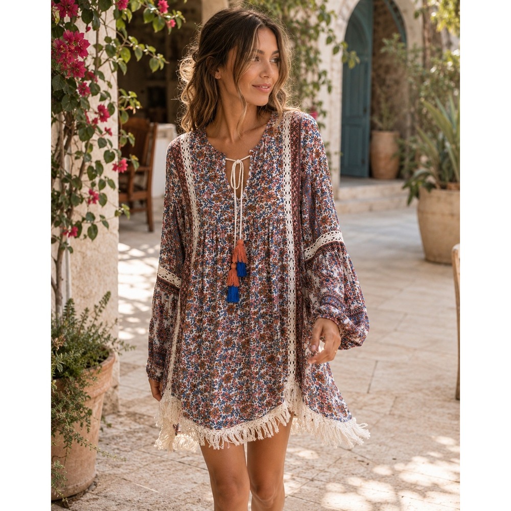 Raga Tunic‎ Dress Women Small Floral Crochet Lace Tassel Boho Mini